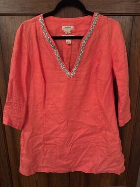 Malvin Coral V-Neck Linen Tunic with Crystal Trim
